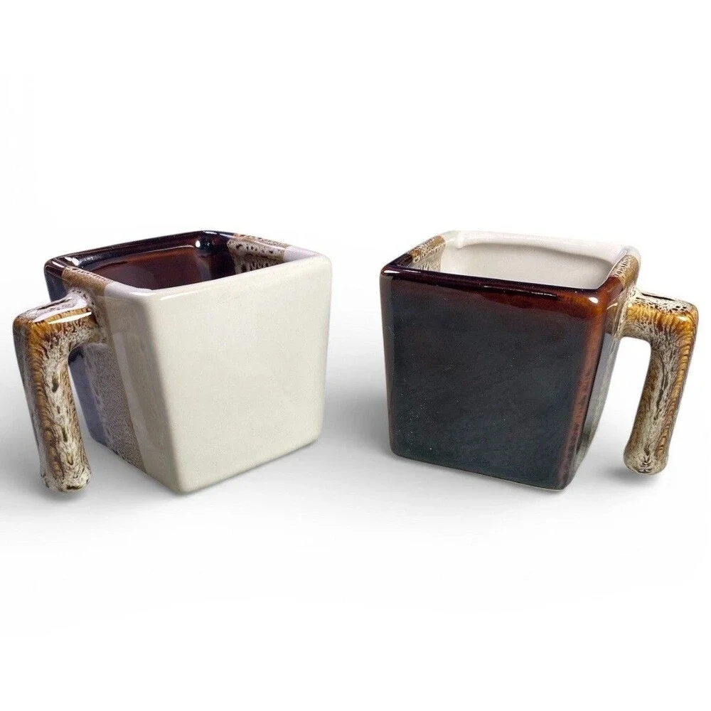 Pier 1 Imports Square Mugs Set of 2 Tri Color Glazed Stoneware Brown Tan